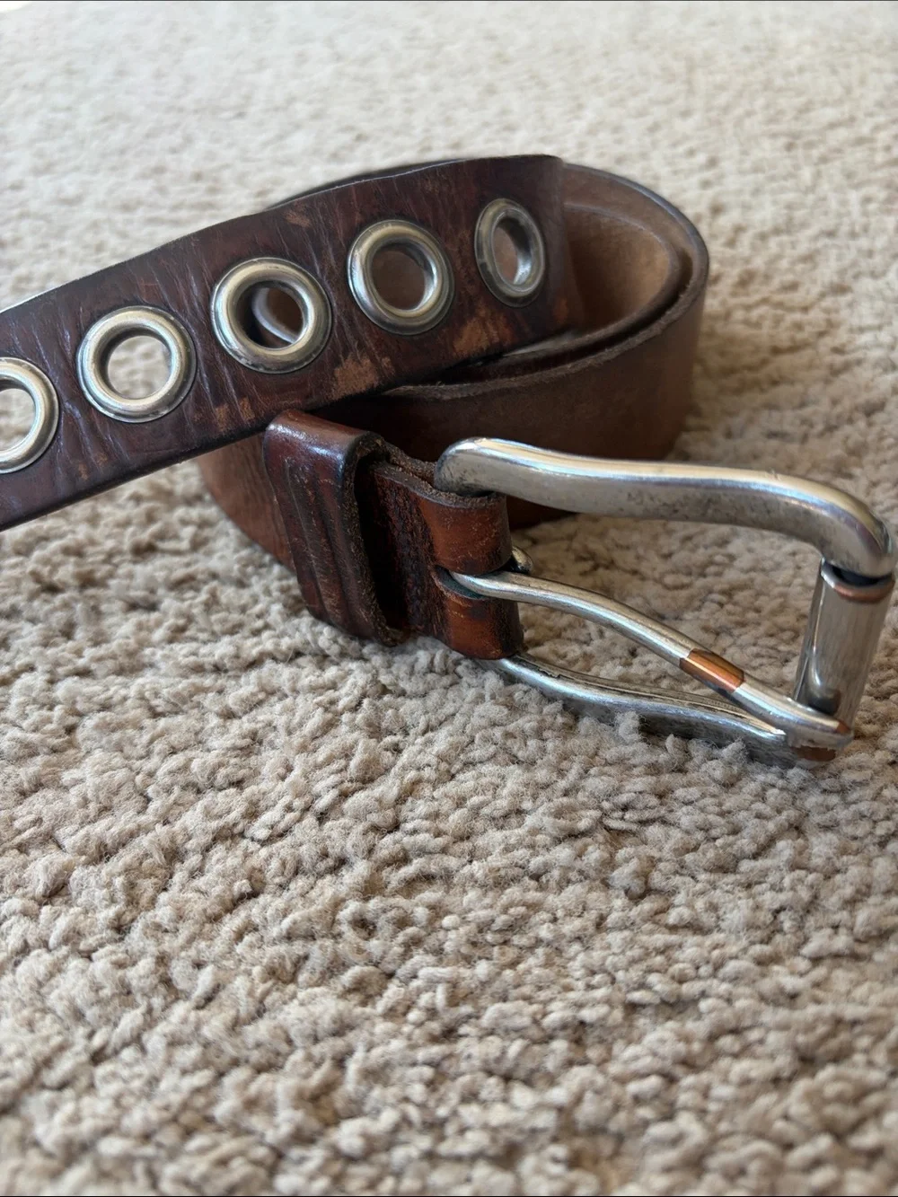 Vintage Genuine Brown Leather Silver tone Buckle And Grommets Mens Belt size 40